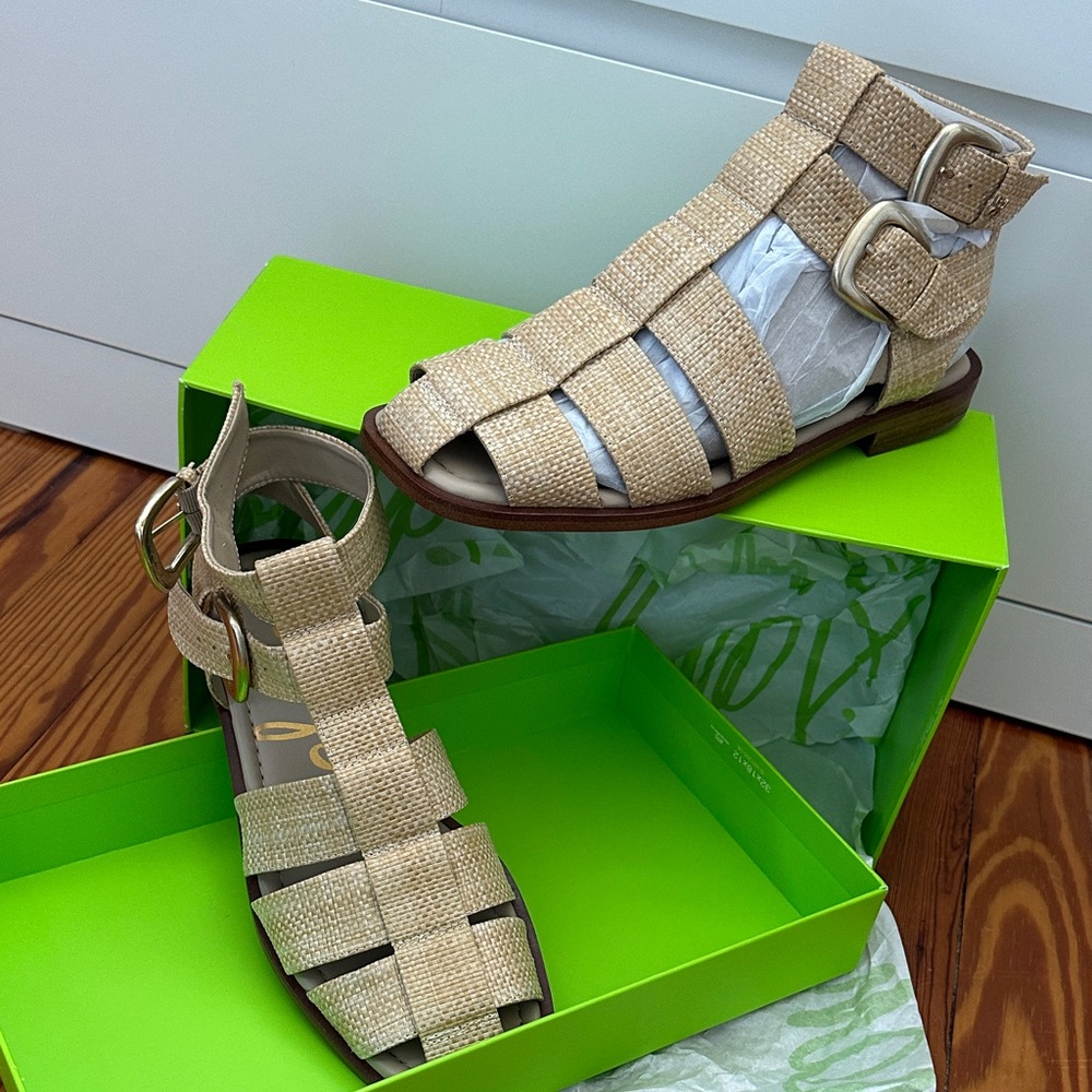 New Sam Edelman Beige Woven Gladiator Sandals NWT - Picture 3 of 16